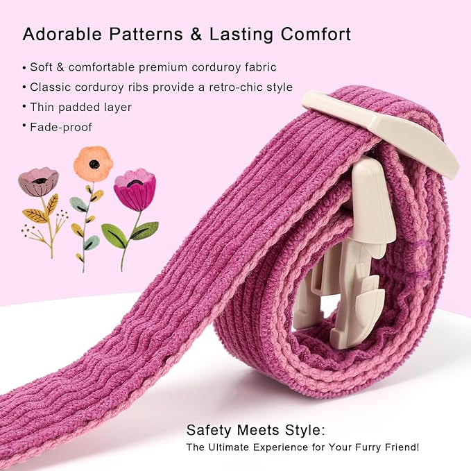 Cute Corduroy Dog Collar - Fuchsia Adjustable Dog Collars for X-Large Dogs 80+lbs, Fade-Proof with Secure Snap & Little Charm, Christmas Birthday Gift, XL