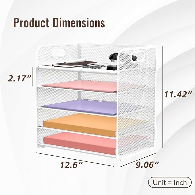 2 Pack 5-Tier White Desk Organizer with Handle Mesh Desk File/Paper Organizer Letter Tray for Office, School and Home Easy Installation