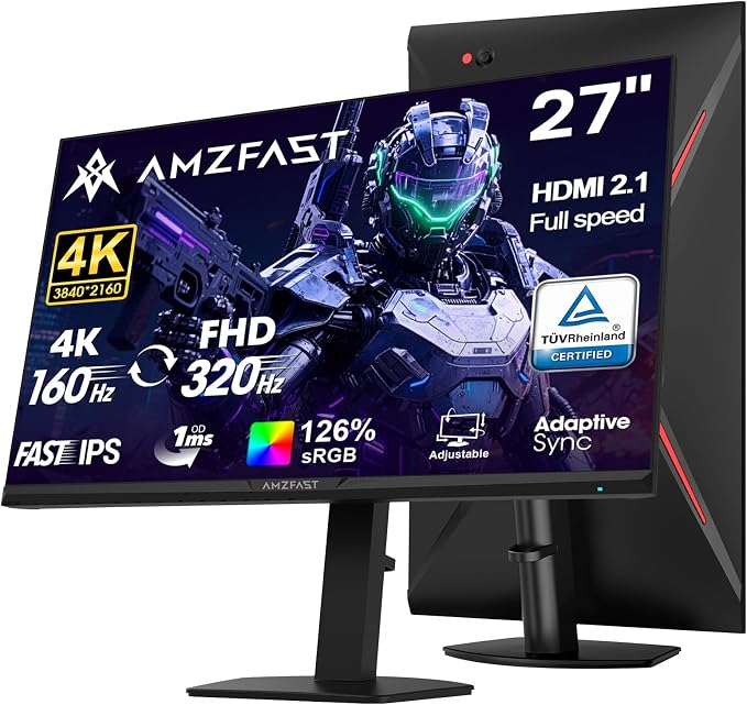 Amzfast 27" 4K Gaming Monitor, UHD 160Hz/FHD 320Hz Dual Mode, Fast IPS, 1ms MPRT, Height Adjustable, HDR400, 126% sRGB, HDMI 2.1, DP 1.4, PIP/PBP, Adaptive Sync, VESA 100x100 – AMZG27F6U
