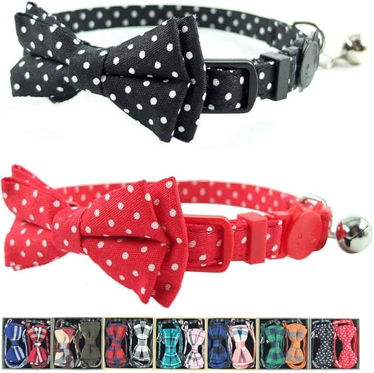 Cat Collar with Bell and Bow Tie, Breakaway Clasp Cute Dots Kitty Kitten Collar Set of 2 PCS(6.8-10.8in) (Black&Red Dots)