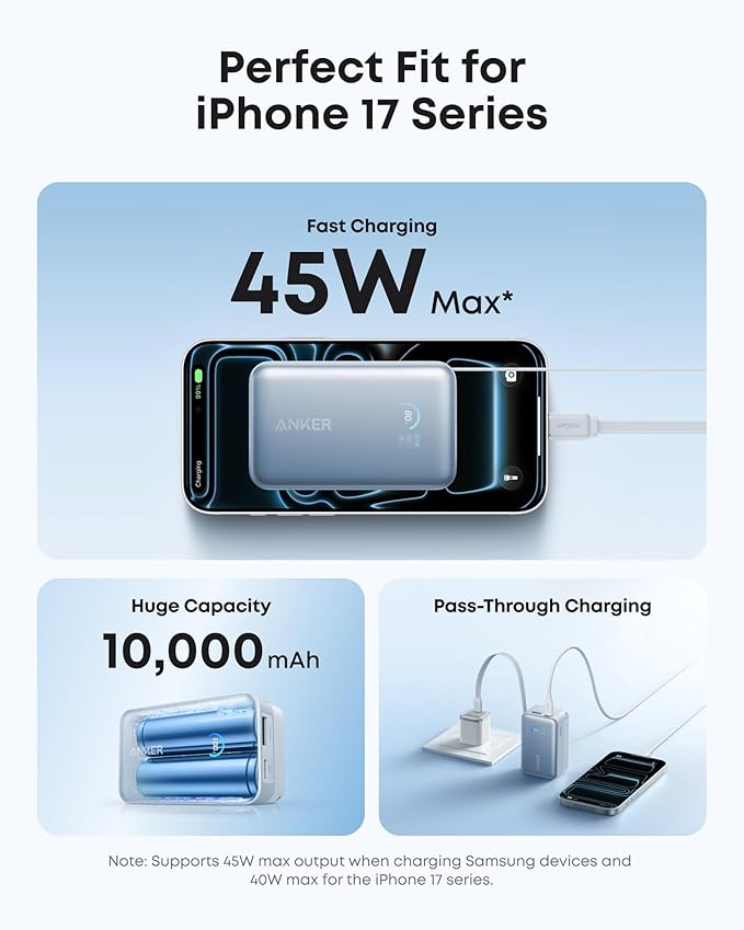 Anker Nano Power Bank, 45W 10,000mAh Portable Charger, iPhone Battery Pack | Built-In Retractable USB-C Cable, for iPhone 17 / 16 Series, iPad, Galaxy, Pixel, and More, Compact Travel Design