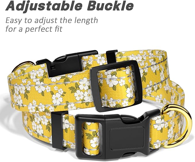 Reflective Dog Collar for Large Dogs, Cute Flower Theme Adjustable Heavy-Duty Nylon Puppy Collar for Boy and Girl Female, Soft Pet Accessories with Quick Release Buckle, Yellow