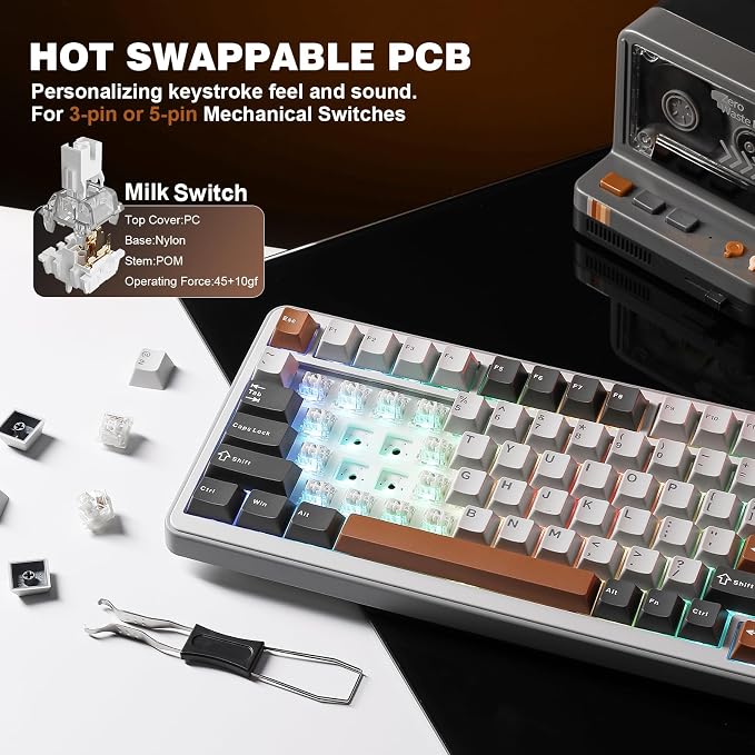 YUNZII B75 PRO 75% Wireless Mechanical Keyboard (Grey,Milk Switch) | Hot Swap Keyboard with Knob, Gasket Mount, Creamy Pre-lubed Switch for Smooth Typing, BT/USB-C/2.4G, for Gaming