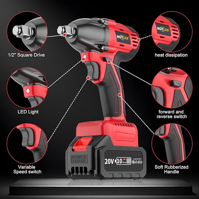430N.m/320Ft-lbs Brushless Cordless Impact Wrench 1/2 Inch with 4.0Ah Battery and Charger, High Torque Electric Impact Gun, Power Drill Driver for Car/DIY Furniture/Lawn Mower, 1 Battery