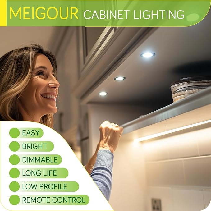 Plugged in Under Cabinet Round Puck Lighting Kit, 110V Electric Wired LED Closet Bookcase Lights, Remote Control Dimmable, 3-Way Octopus Junction Box Wiring, 3 Lights, Cool White