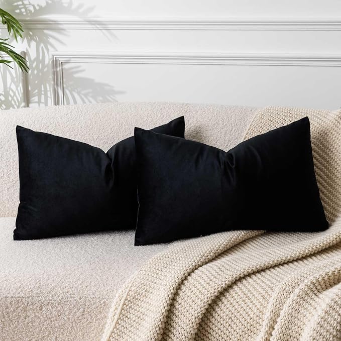 Black 12x20 Throw Lumbar Pillow Covers Decorative Cushion Covers Set of 2 | Soft Velvet Pillow Cases with Invisible Zipper for Modern Couch Sofa Bed Living Room Bedroom Home Decor Halloween