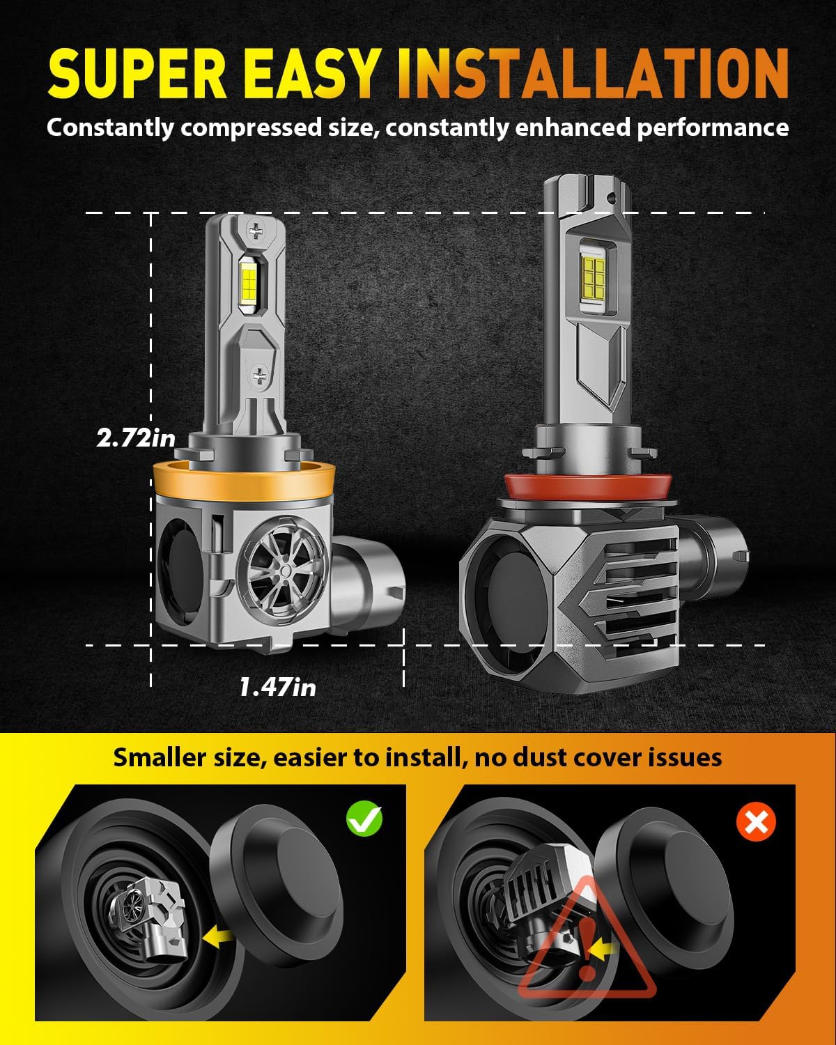 Latest H11/H9 Bulbs, 40,000LM 900% Ultra-Brightness, Real 1:1 Halogen Mini Size, 10-Year Extended Lifespan, 6500K White Illumination for Automotive H11 Fog Lights, Plug and Play, Pack of 2