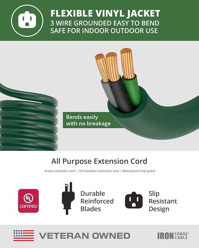 Iron Forge Cable 5 Pack Weatherproof 10 Ft Outdoor Extension Cord - 16/3 SJTW Heavy Duty Green Extension Cord 3 Prong - 13 Amp Exterior Power Cable