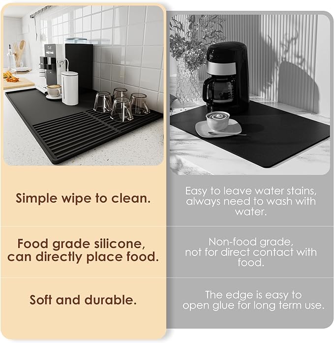 Silicone Coffee Mat with Raised Edges, 20'' X 12'', Bar Mat for Countertops, Accessories Fit Under Coffee Maker Espresso Machine, Dish Drying Mat (BLACK)