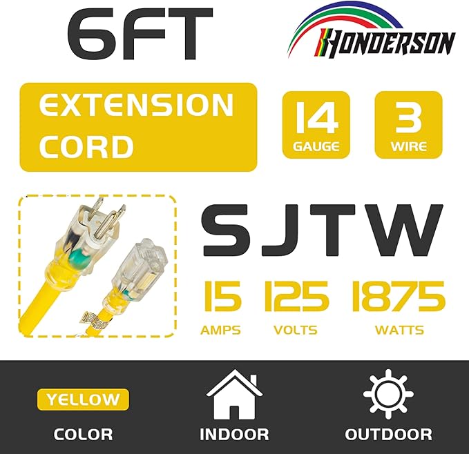 Indoor Outdoor Extension Cord Weatherproof with Lighted End, UL Certified, 14 Gauge 6FT Yellow 3 Prong Heavy Duty, 14/3 SJTW 15A Power Cord for Outdoor Lights, Lawn