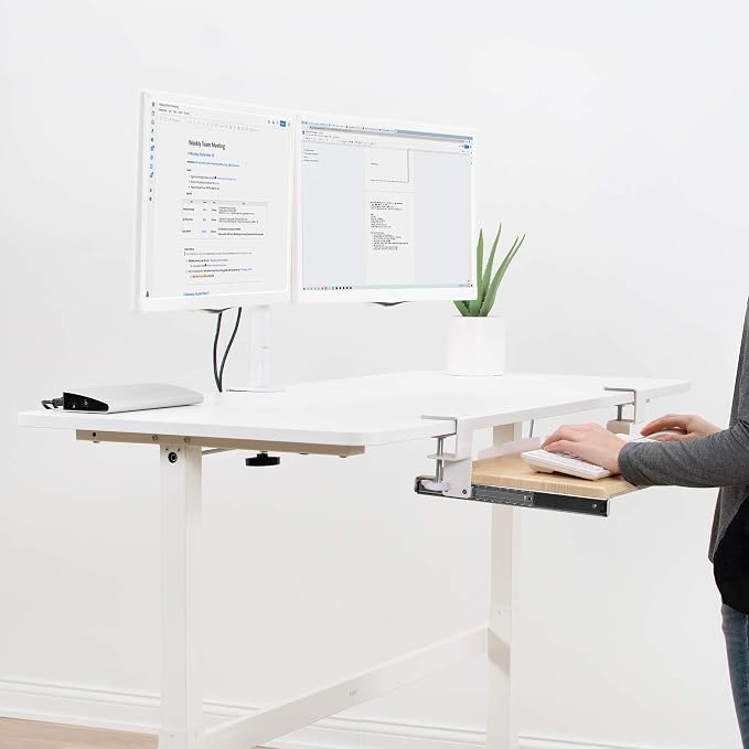 VIVO Light Wood Large 27 x 11 in Under Desk Keyboard Tray, MOUNT-KB05A | Keyboard Tray for Typing, Slide Out Platform, Extra Sturdy C-Clamp Mount System, Computer Drawer, White Frame