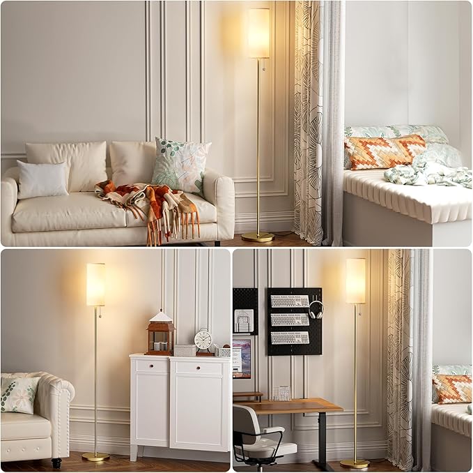 Ambimall Floor Lamp for Living Room with 3 Color Temperatures Bulb, 64" Standing lamp with Linen lampshade for Bedroom, Minimalist Pole Lamp, Beige Shade & Gold Pole