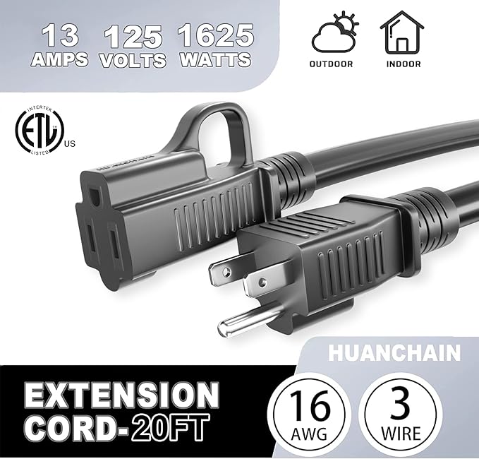 HUANCHAIN Indoor Outdoor Black Extension Cord 20 ft Waterproof, 16/3 Gauge Flexible Cold-Resistant Appliance Extension Cord Outside, 13A 1625W 16AWG SJTW, 3 Prong Electric Cable, ETL