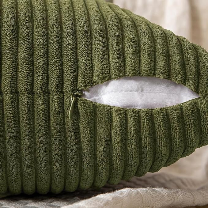 MIULEE Olive Green Decorative Throw Pillow Covers for Couch 20x20 Inch | 2 Pack, Boho Farmhouse Pillow Covers, Soft Cross Corduroy Patchwork Textured Cushion Cases For Bed Sofa