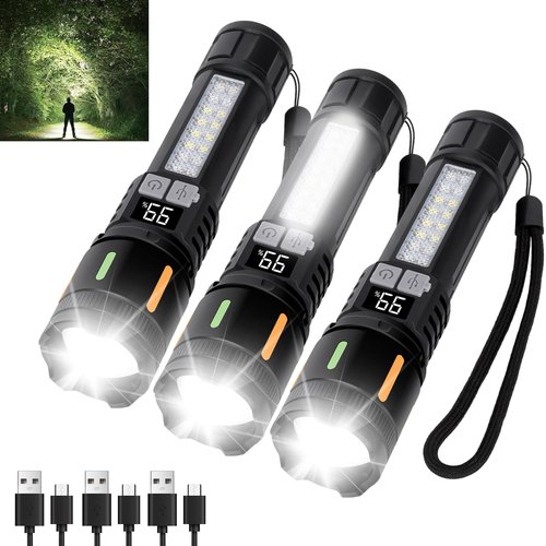 Flashlights High Lumens Rechargeable 3 Packs, 900,000L Handheld Tactical Led Flashlight High Powered with 5 Light Modes, Cob Side Light, USB C, Zoomable, Super Bright Flash light for Emergency