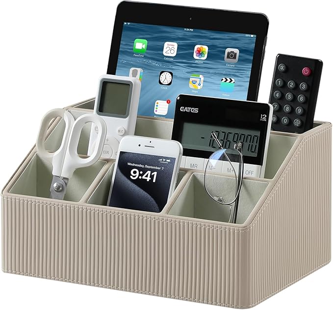 Remote Control Holder with 5 Compartments for Office Art Supplies, PU Leather Nightstand Organizer Pencil Pen Desk Caddy for Home, Desktop TV Remote Control Organizer Storage (Striped Beige)