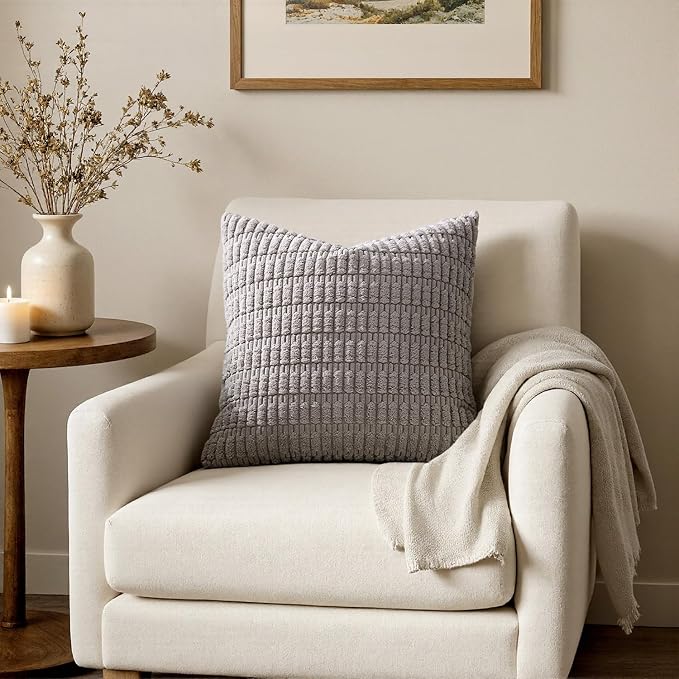 MIULEE Pack of 2 Corduroy Decorative Euro Sham Throw Pillow Covers 22x22 Inch Soft Boho Striped Pillow Covers Modern Farmhouse Home Decor for Sofa Living Room Couch Bed Light Grey