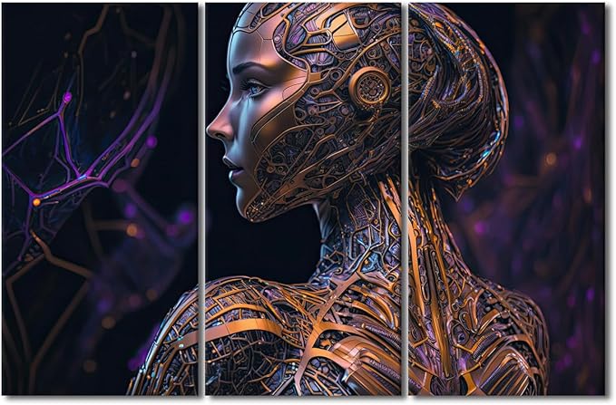 TUMOVO 3 Panel Large Wall Art Artificial Intelligence Cyborg Art Picture Poster for Home Office Wall Decorations, Giclee Modern Artwork Wooden Framed Ready to Hang, 60" Wx40 H