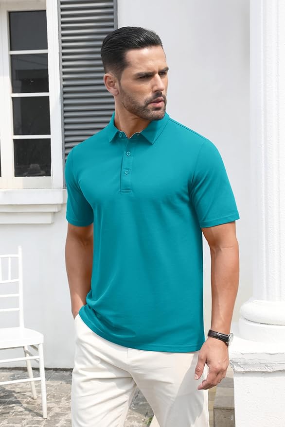 MAGCOMSEN Men's Polo Shirts Short Sleeve Cotton Pique 3 Button Classic Fit Casual T-Shirt Performance Golf Shirts