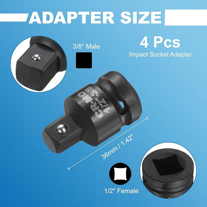 HARFINGTON 4pcs Impact Socket Adapter 1/2" Female to 3/8" Male Square Drive Reducer Standard SAE CR-MO Steel Converter Impact Driver Ratchet Wrench Breaker Bar Conversion, Black