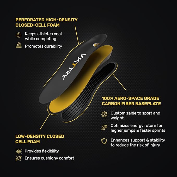 VKTRY Gold for Cleated Shoes - Carbon Fiber Performance Insoles Customized Athletic Inserts for Football, Baseball, Soccer, Golf, Lax & More | Run Fast, Jump High, US M7-7.5, W9-9.5, <120lb