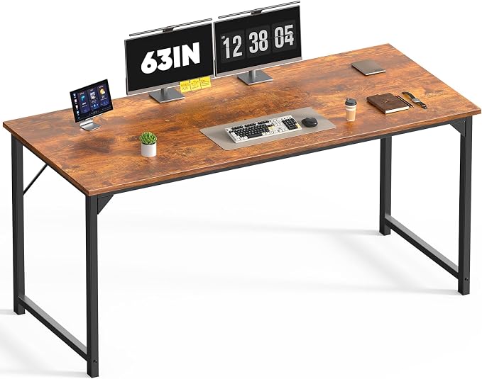 DUMOS 63 Inch Small Computer Desk, Gaming Desks for Home Office Bedroom | Modern Study Writing Work Table, Craft PC Desk Simple Workstation with Reinforcement Structure, Rustic Brown