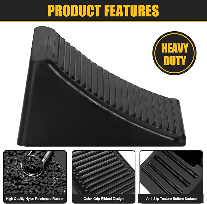 2 Pack Heavy Duty Wheel Chocks, Solid Rubber RV Wheel Chock for Trailers, Black Tire Chocks for Cars, Truck,Travel Trailers, Camper and ATV, 6.5" x 3.6" x 3.7"