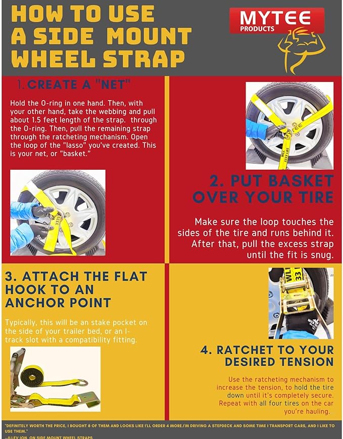 Mytee Products (8 Pack) 2" x12' Car Tie Down Ratchet Lasso Straps with Chain Anchor - 3,335 LBS WLL - Car Hauler Tire Straps for Trailers - Tie Down for UTV, Trucks, ATV