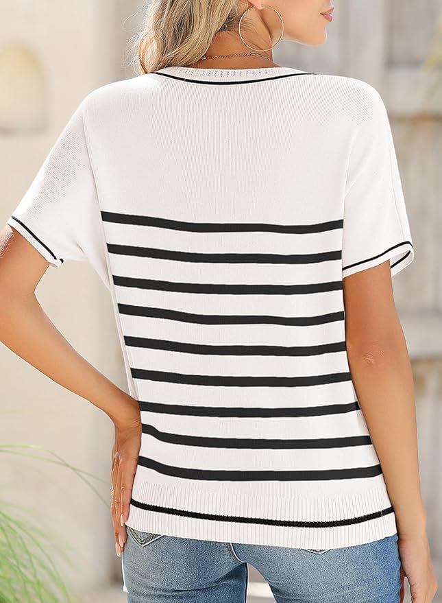 SHEWIN Womens Tops Trendy Short Sleeve Shirts Crewneck Lightweight Knit Sweater Top Business Casual Outfits