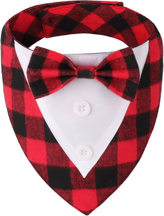 ADOGGYGO Christmas Dog Tuxedo Bandana, Red Plaid Xmas Pet Bowtie Collar, Adjustable Christmas Costumes for Large Dogs (L)