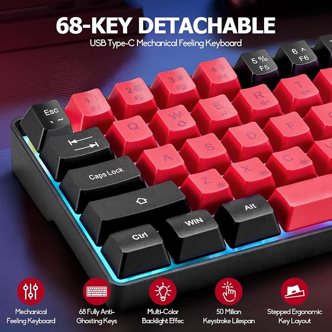 Wired Portable 60% Mechanical Feeling Gaming Keyboard,RGB LED Backlit Compact 68 Keys Mini Wired Office Keyboard for Windows Laptop PC Mac Gamer, Typist, Travel on Business Trip- Red and Black