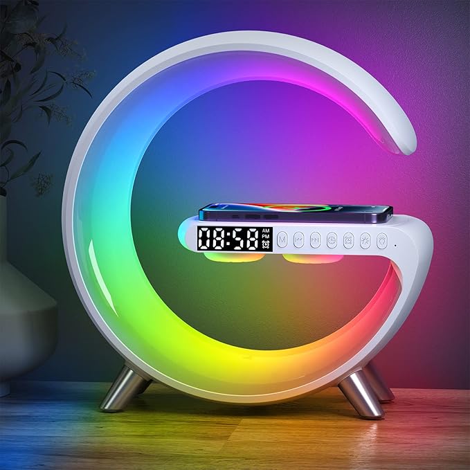 Smart Wireless Charging Alarm Clock with Bluetooth Speaker, App Controlled Bedside Lamp Table Light and Night Light, Bedroom Home Decor, Gift for Girls Boys and Family for Birthday Christmas (White)