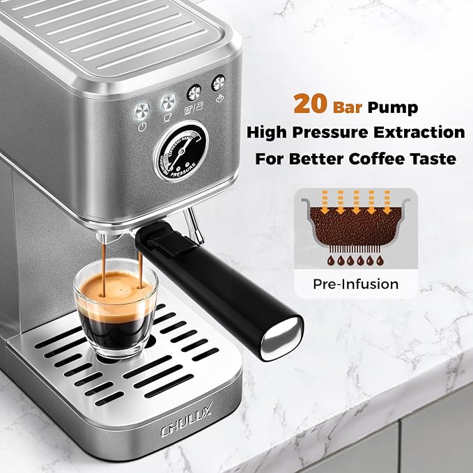 CHULUX Elite Espresso Coffee Machine with Steam Wand for Cappuccino, Gray | Hot and Iced Espresso, 1350W Fast Heating System, Visible Pressure Gauge, PID Temperature Control, Pre-Infusion Technology
