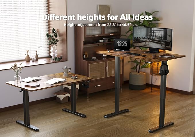 YDN 55 x 24 Inch Vintage Brown Electric Standing Desk | Adjustable Height, Sit Stand, Cable Management, Ergonomic, Home Office