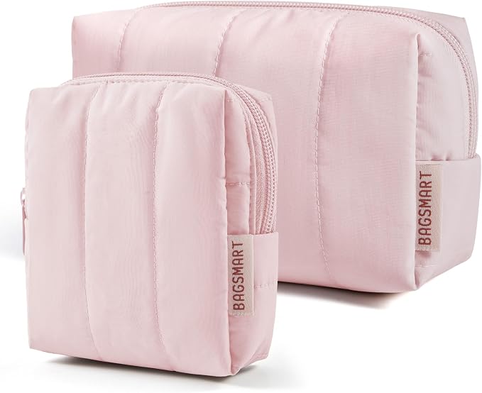 BAGSMART Puffy Travel Makeup Bag Duo Large & Small for Women, Baby Pink | Puffy Padded, Travel Cosmetic Organizer with Slip-in Pockets, Large Toiletry Bag & Small Purse Pouch, Travel Essentials