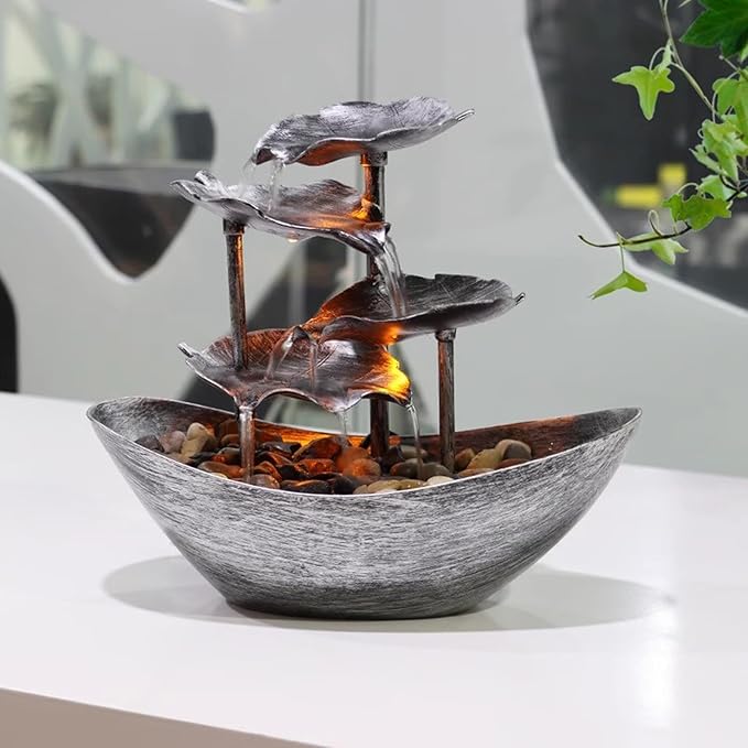 Meditation Decor, Desktop Lotus Leaf Yuanbao Flowing Water Fountain Decoration Living Room Screen Porch Home Decoration, LED Atmosphere Night Light,Office Home Decoralth (D)
