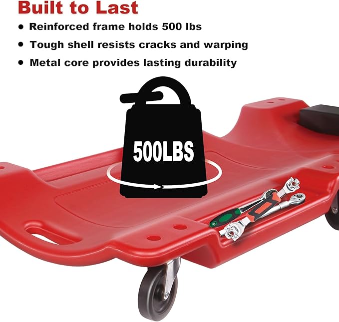 40-Inch Mechanic Creeper – Heavy Duty 500lb Rolling Garage Creeper with Padded Headrest, Dual Tool Trays & 6 Swivel Casters – Low Profile Under Car Automotive Creeper for Auto Repair, Red