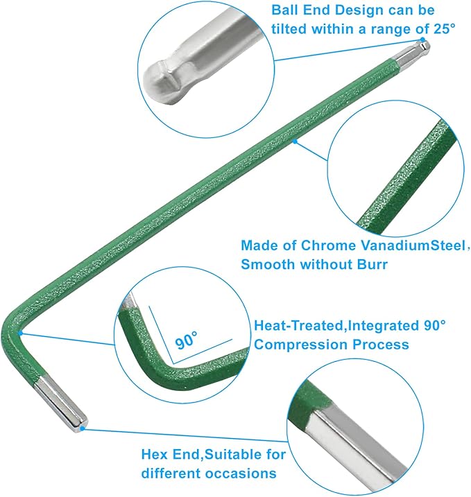 2.5mm Ball End Allen Wrench Set, 25 Angle, Green