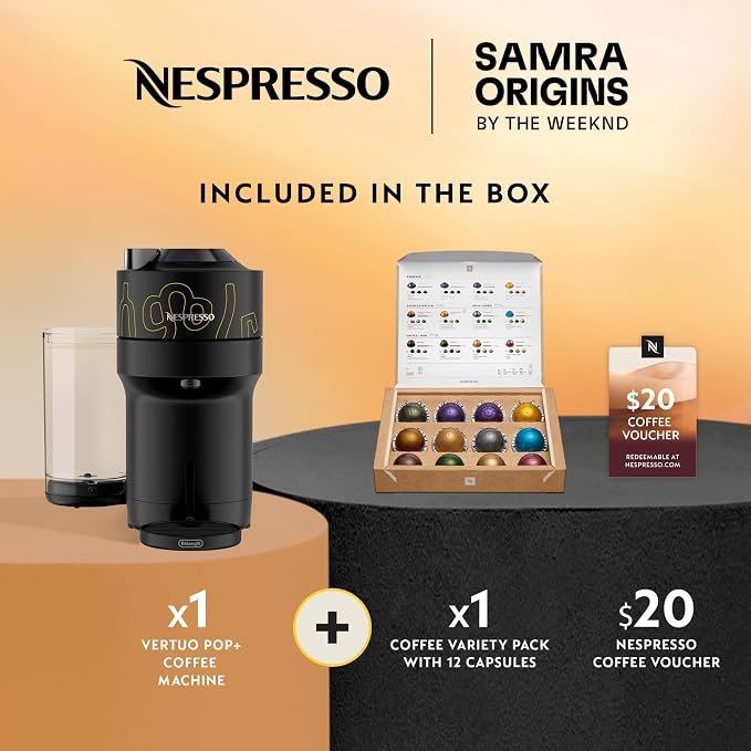 Nespresso Samra Origins Vertuo Pop+ Coffee & Espresso Maker by De'Longhi | Samra Origins by The Weeknd coffee machine in buna yellow, with one-touch, 25 fl. oz. side tank and 30 second heat-up.