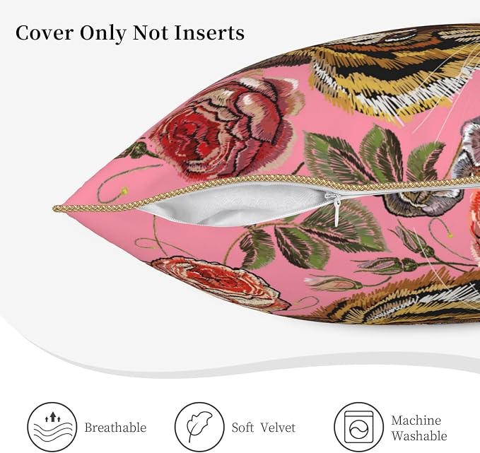 Tiger Floral Pink Velvet Pillow Covers 20x20 Inch Flower Animal Print Throw Pillows for Couch Farmhouse Cushion Covers Pillowcase Modern Pillow Cases for Sofa Bed Living Room Outdoor Decor