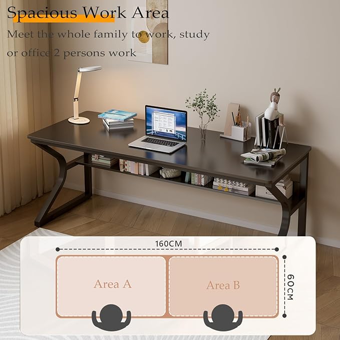 OSCHF 63-Inch Extra Long Desk with Storage Shelf, Black | Double Long Writing Table, Space-saving, 2-Person Workstation, Modern Study Work Computer Desk, For Home Office