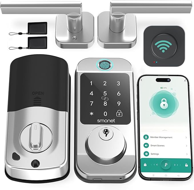 SMONET Fingerprint Smart Locks for Front Door with Handle Set, Keyless Entry, Bluetooth Digital Keypad Deadbolt, App Remote Control, Auto Lock, for Home Silver