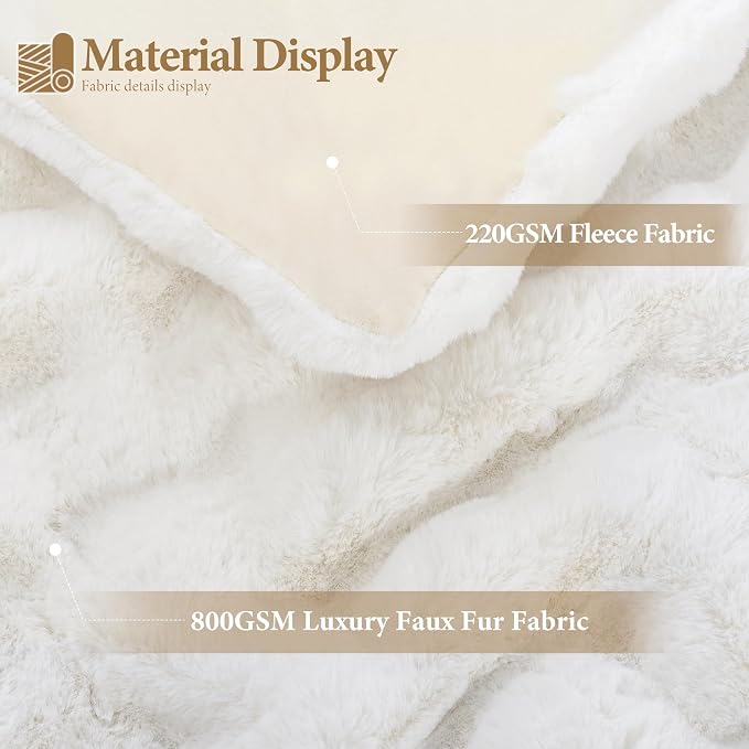 Luxury 1000GSM Rabbit Faux Fur Twin Blanket, Super Heavy Warm Cozy Beige Cream Blankets for Couch Bed Sofa, Ruched Plush Fuzzy Elegant Soft Reversible Mink Blanket for Living Room Bedroom