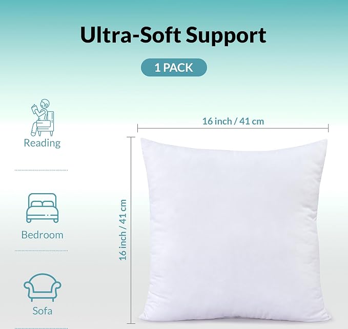 ROYALE LINENS 16 x 16 Pillow Insert - Down Alternative Throw Pillows Insert - Square Pillow Pack of 1 White - Bed & Couch Pillows - Inner Cushion for Bed, Cushion for Living Room - Shams Stuffer