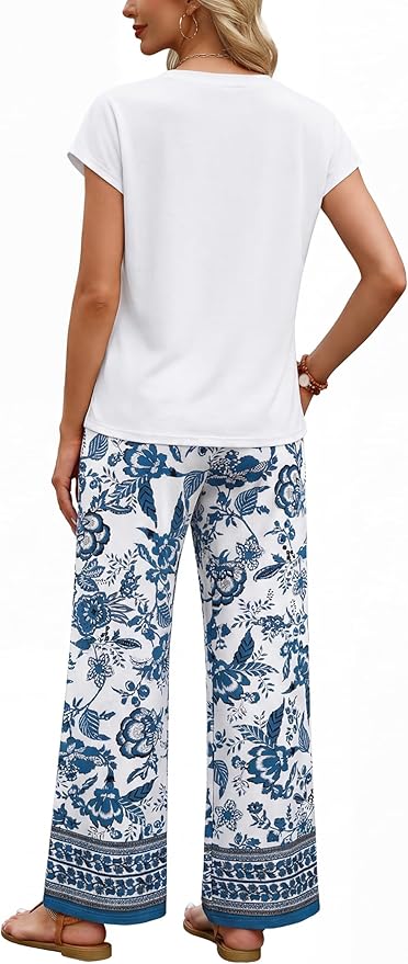 WIHOLL Two Piece Set for Women Summer Spring Outfits Matching Sets Women Clothing Airport Travel Vacation Wide Leg Pants