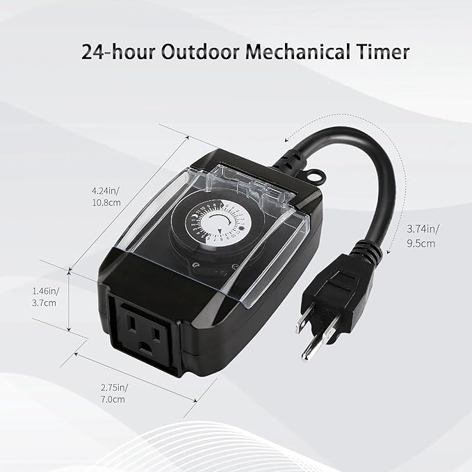 Outdoor Timer Outlet Waterproof, 24 Hour Mechanical Timer Outlet for Home and Garden, Single Grounded, 15A 3/4HP, Black, 2 Pack