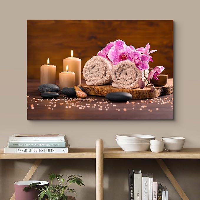 wall26 Canvas Print Wall Art Meditation Orchid Flower Massage Stones Zen Candles Nature Wilderness Photography Realism Rustic Landscape Colorful Multicolor for Living Room, Bedroom, Bathroom - 24"x36"