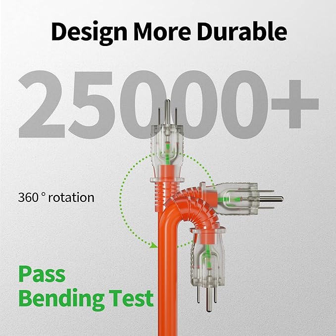 250 ft 12/3 Outdoor Extension Cord Waterproof Heavy Duty with Lighted End 12 Gauge 3 Prong, Flexible Cold-Resistant Long Power Cord Outside, 15Amp 1875W SJTW Orange ETL Listed POWGRN