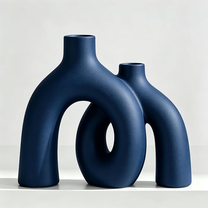 Hug Donut Decorative Vase Set - Navy Blue Vase, Modern Coastal Style Vases Home Decor, Matte Ceramic Decorations for Living Room Shelf, Bookshelf Mantle Entryway Table or Console Décor (Navy Blue) | Decorative Sculptural & Flower Vase for Living Room, ...