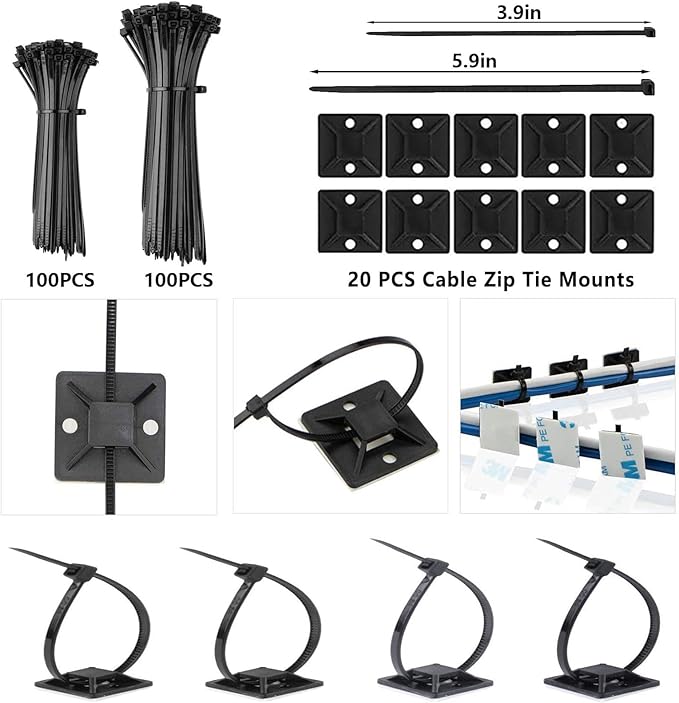 ELII 327PCS White Cable Management Kit 4 Cable Cable Sleeves, 65 Cable Clips with 13Cord Holders,20+5Roll Cable Organizer Straps,200 Fastening Cable Ties,20 Cable Zip Tie Mounts for Computer (White)